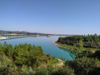 Scenic view of lake against clear blue sky