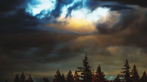 Low angle view of silhouette trees against dramatic sky