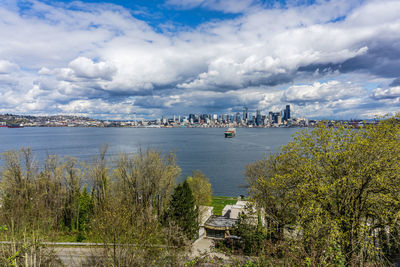 A view of the seattle skyline with clouds above.