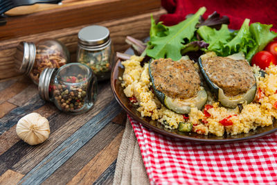 High angle view of meal served on table