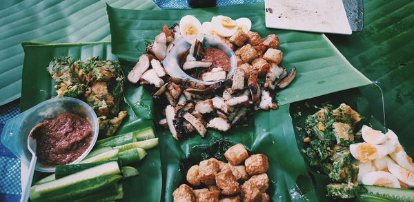 High angle view of chopped vegetables in plate