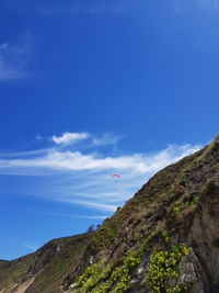 Scenic view of mountains and sea against blue sky