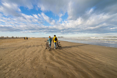 Rear view of people on beach against sky