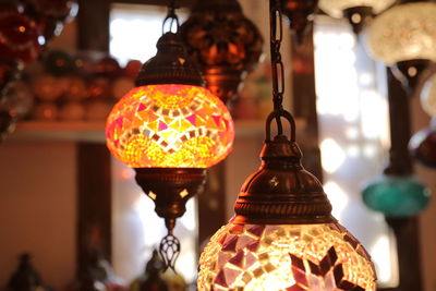 Close-up of illuminated lantern hanging