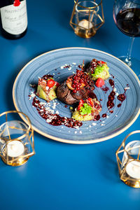 High angle view of food in plate on table