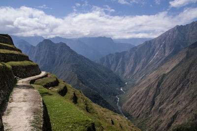 Scenic view of mountains against cloudy sky