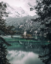 Scenic view of lake by trees against sky