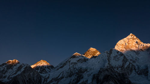 Panoramic view of snowcapped mountains against clear blue sky