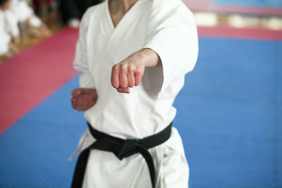 Midsection of man practicing karate on carpet