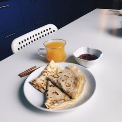 High angle view of breakfast served on table