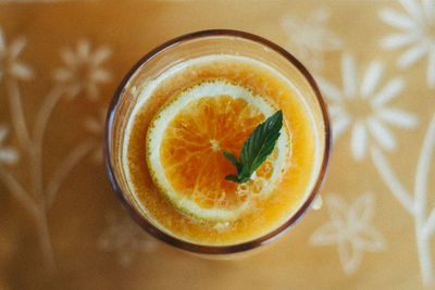 High angle view of drink in glass on table