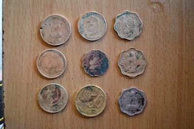 High angle view of coins on table