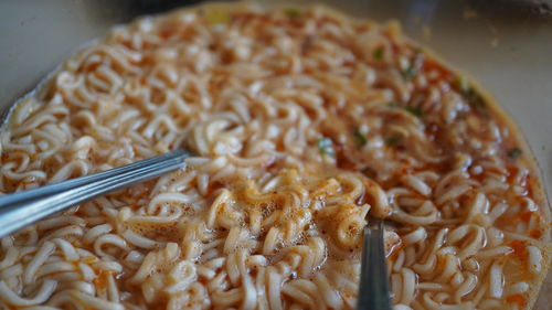 High angle view of pasta in plate