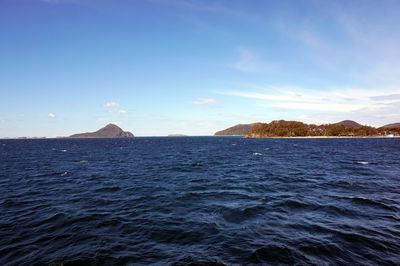 Scenic view of sea against blue sky