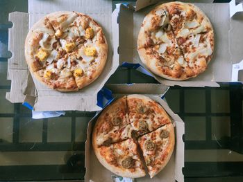 High angle view of pizza on table