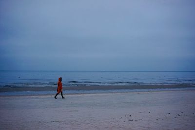 Rear view of person on beach against sky