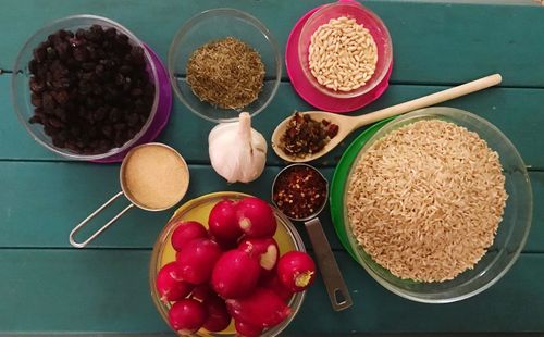 High angle view of breakfast on table