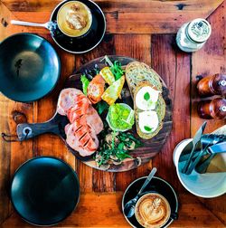 High angle view of meal served on table