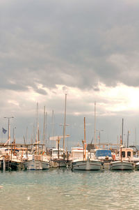 Sailboats moored on harbor against sky