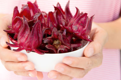 Midsection of woman holding flowers in bowl