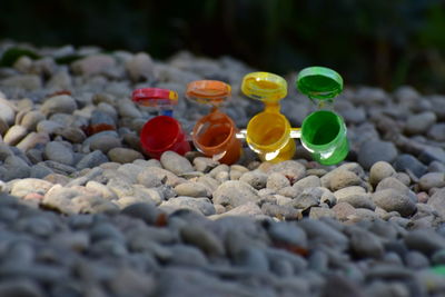 Close-up of multi colored stones on pebbles