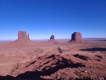 Scenic view of rock formations against clear blue sky