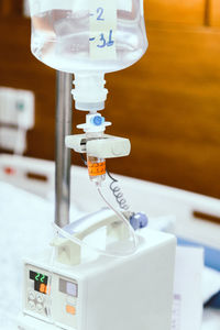 Close-up of iv drip in hospital