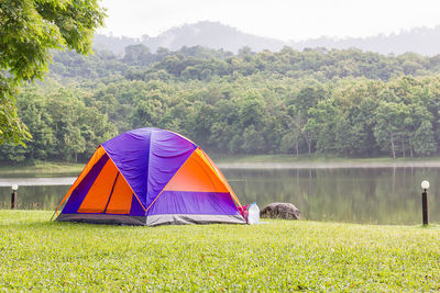 Tent on grass by lake against trees