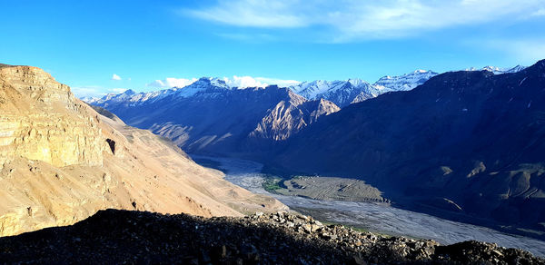 Scenic view of snowcapped mountains against blue sky