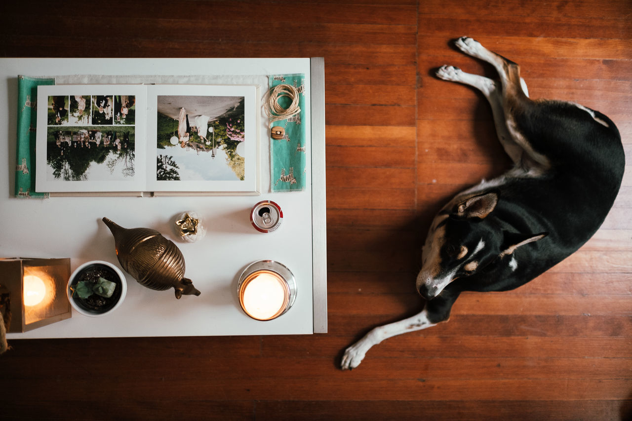 HIGH ANGLE VIEW OF CHRISTMAS DECORATIONS ON TABLE