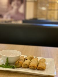 Close-up of food served on table
