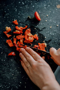 High angle view of person preparing food