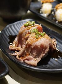 High angle view of food in plate on table