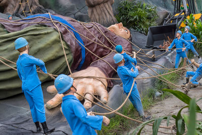 High angle view of men working