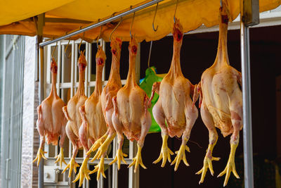 Chicken meat hanging at market stall for sale