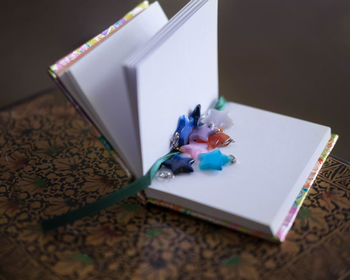 High angle view of book on table