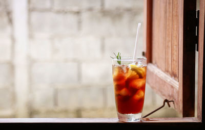 Close-up of drink served on table