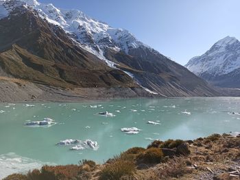 Looking over  blue lake at tasman glacier mt cook