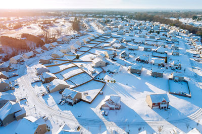 High angle view of snow covered landscape