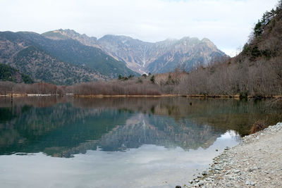 Scenic view of lake and mountains against sky