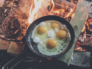 High angle view of food in cooking pan