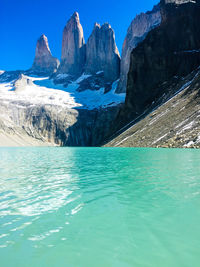 Panoramic view of sea and mountains against blue sky