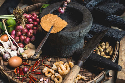 High angle view of ingredients in basket