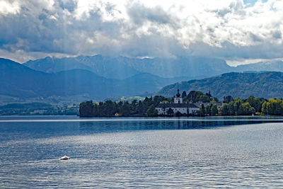 Scenic view of lake and mountains against sky