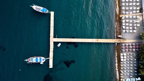 High angle view of ship sailing in sea