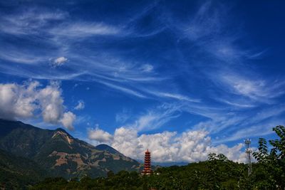 Scenic view of mountains against blue sky