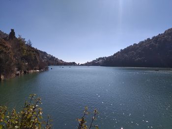 High angle view of lake against blue sky