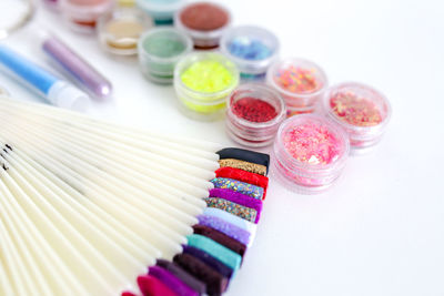 High angle view of multi colored pencils on table