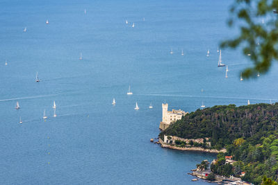 High angle view of boats in sea