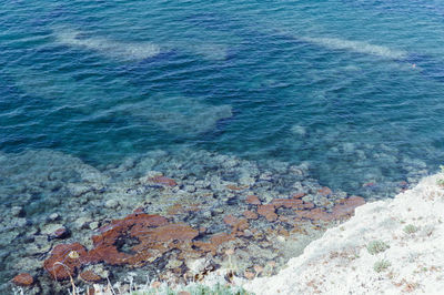 High angle view of rocks on shore